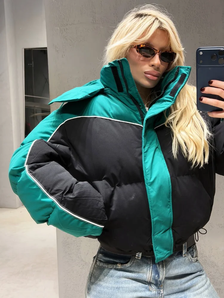 Ladies Black White Patchwork Puffer Jacket Zip Up Oversized Loose Fit Thick Coat Autumn Winter Streetwear Daily Trendy Outerwear