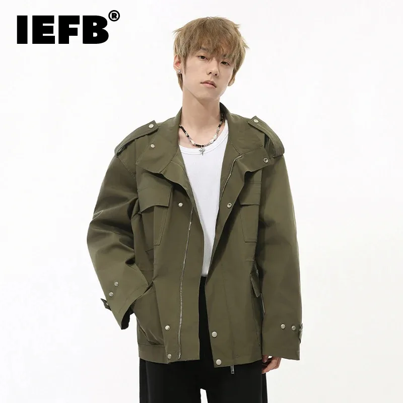 

IEFB Niche Design Men's Jackets Three-dimensional Multi-pocket Metal Button Webbing Loose Stand Collar Male Coats Fashion 9C7703