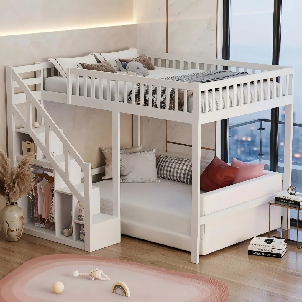 FANGANGE Cama Litera de Madera para Niños 90/140x200cm, con Escaleras y Espacio de Almacenamiento, para Adolescentes y Niños, Blanca