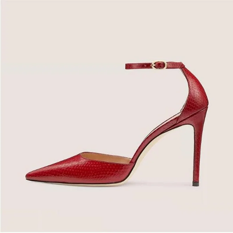 

Sexy Pointed Toe Snake Print Stiletto Heels Ankle Strap Red Pumps Python Leather Stiletto High Heels Shallow Banquet Dress Shoes