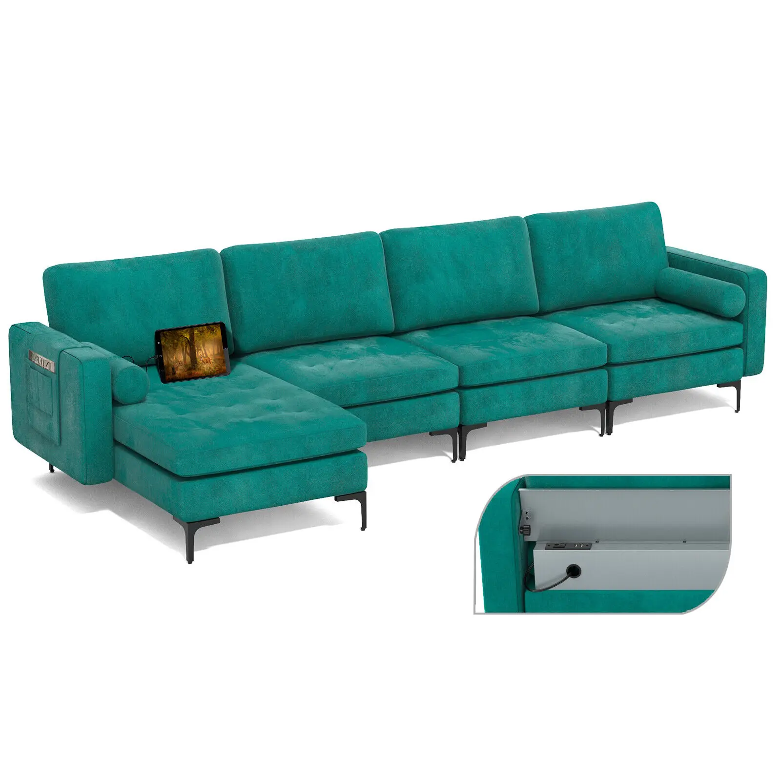 Costway Modular L-shaped Sectional Sofa w/ Reversible Chaise & 2 USB Ports Peacock Blue