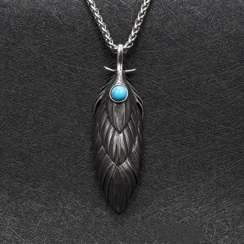 New Style Vintage Viking Lake Blue Stone Inlaid Metal Feather Pendant Necklace Men Punk Rock Biker Jewelry gift