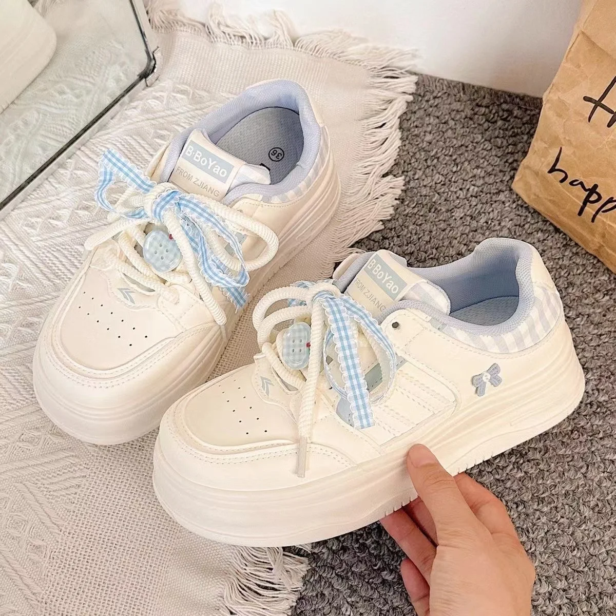 Korean Style Cute  Knot White Shoes Women's 2025 Autumn New Versatile Plaid Thick Bottom Student Big Head Bread Shoes