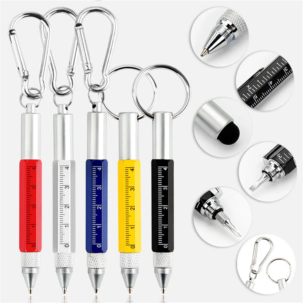 6 In 1 Tool Pens Small Ballpoint Rotating Metal Pens Screwdriver Hexagonal Touch Screen Carabiner Scale Keychain Writing Tools