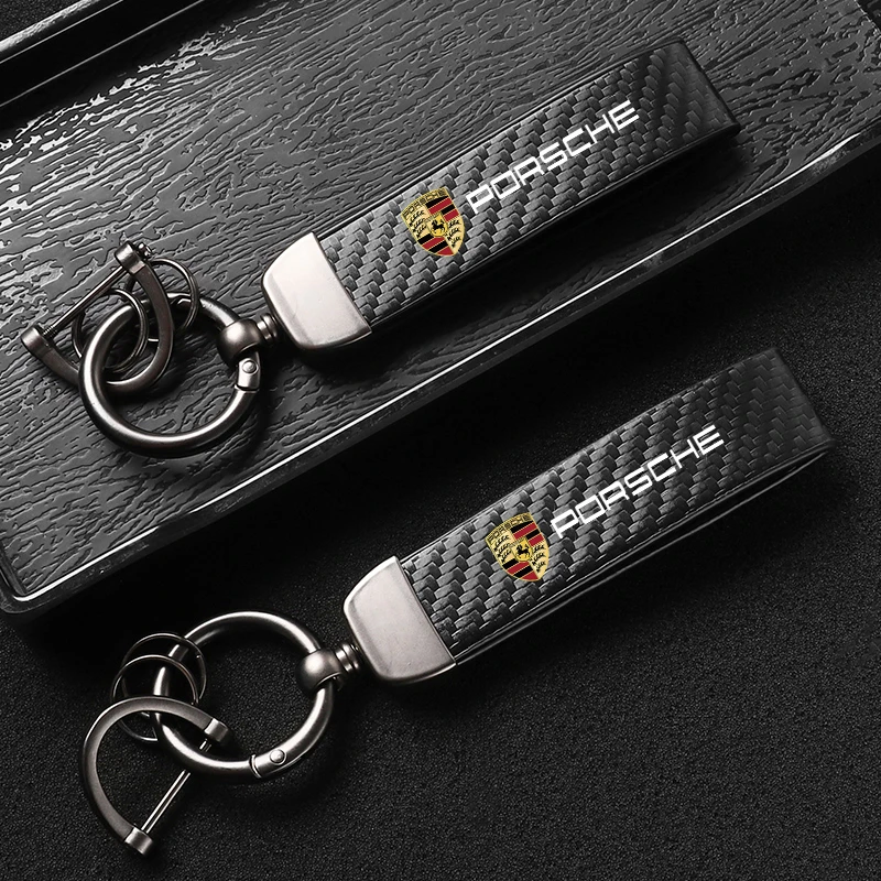 Car Emblem Keychain Carbon Fiber Leather keyring Accessories For Porsche 911 718 Taycan Panamera Cayenne Macan Boxster Cayman