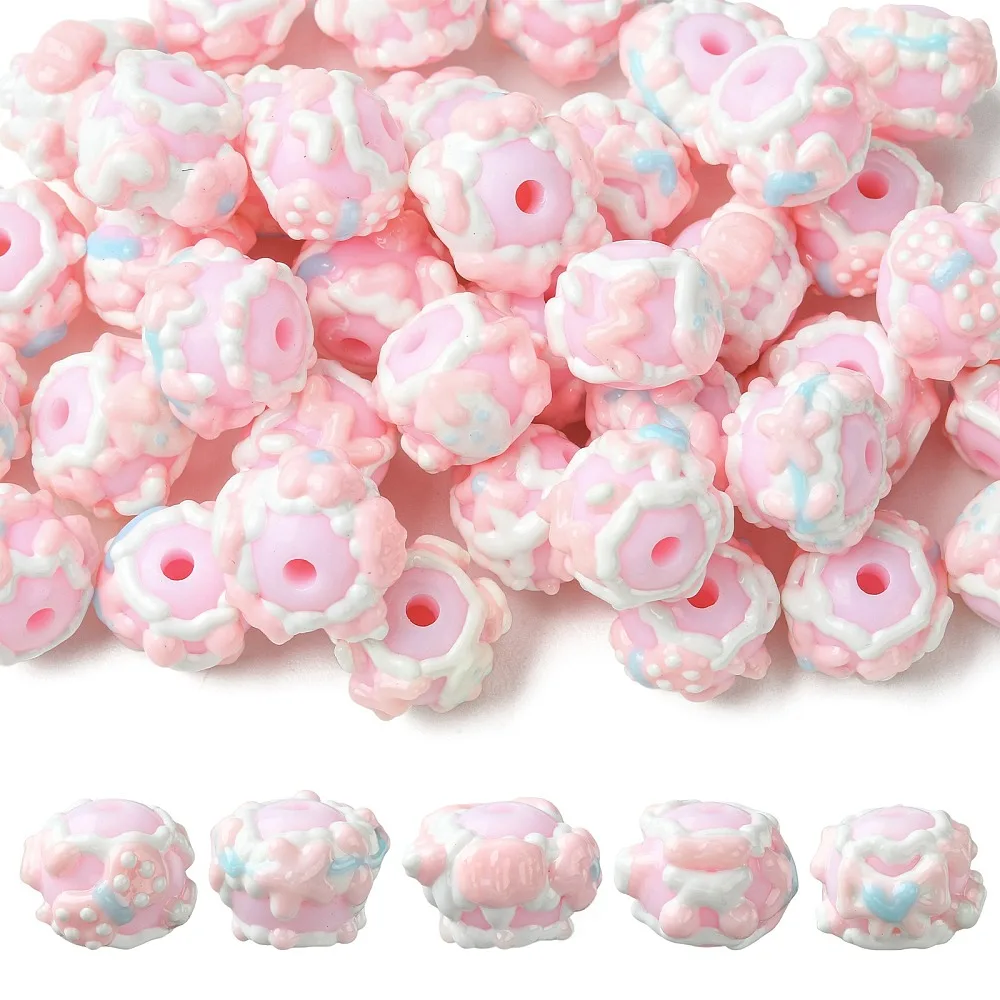 40pcs Hand Painted Round Opaque Acrylic Beads Pink Bowknot Floral Dotted Loose Beads for Bracelet Necklace Jewelry Making Crafts