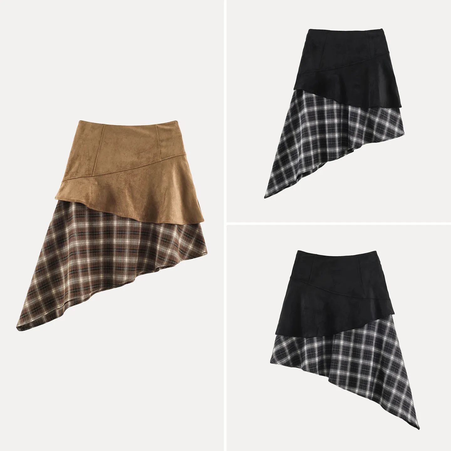 High Waist Asymmetrical Plaid Splicing Umbrella Skirt Women's Fashionable Autumn Collection Half-length Skirt ZADATA Brand