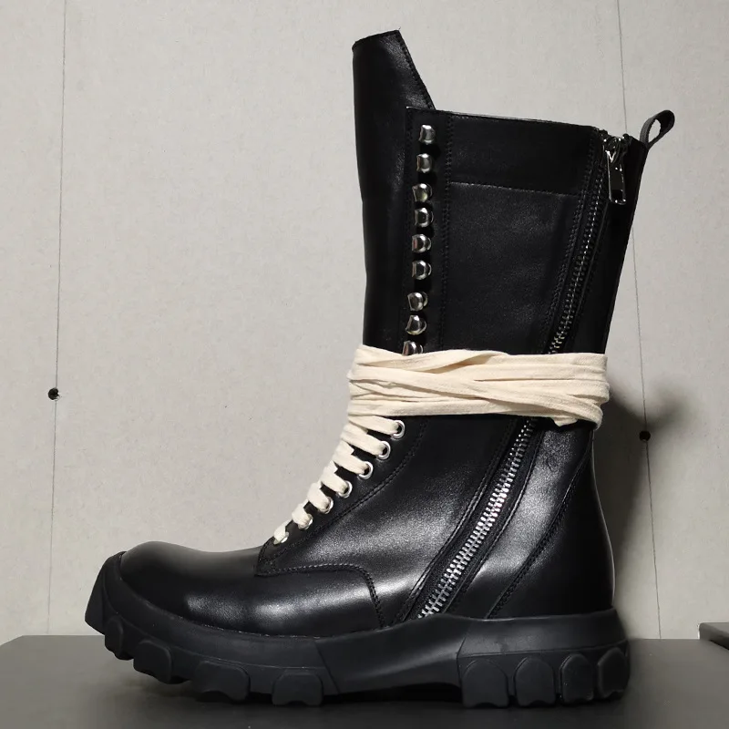 Men\'s Boots Leather Shoes for Man Mid-calf Black Solid Lace-up Men\'s Casual Shoes Height Increasing Shoes