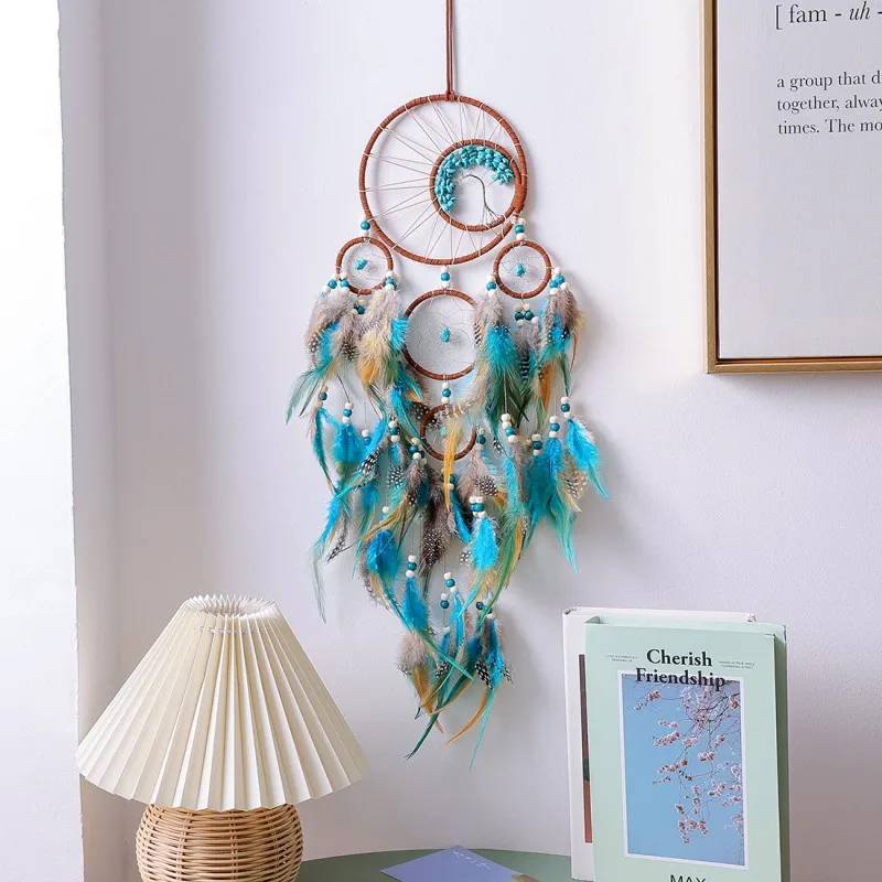 

1pc 6 rings Tree of Life Dreamcatcher, Hand-woven Multi-ring Feather Wind Chimes Home Ornaments, Hanging Pendants, Wall Art,