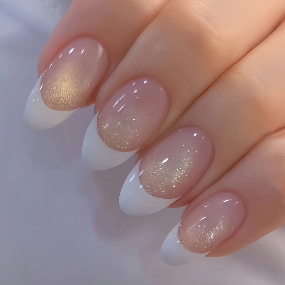 

24 шт. Накладные ногти «Миндальный френч» премиум-класса, белые, с эффектом «волшебное зеркало», розовые, готовые к носке, с бесплатным клеем-желе и пилочкой для ногтей