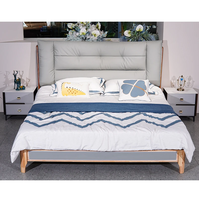 #2024 Newly Design Mortise and Tenon Joint Construction Leather Bed for Bedroom Set Solid Wood Bed Frame