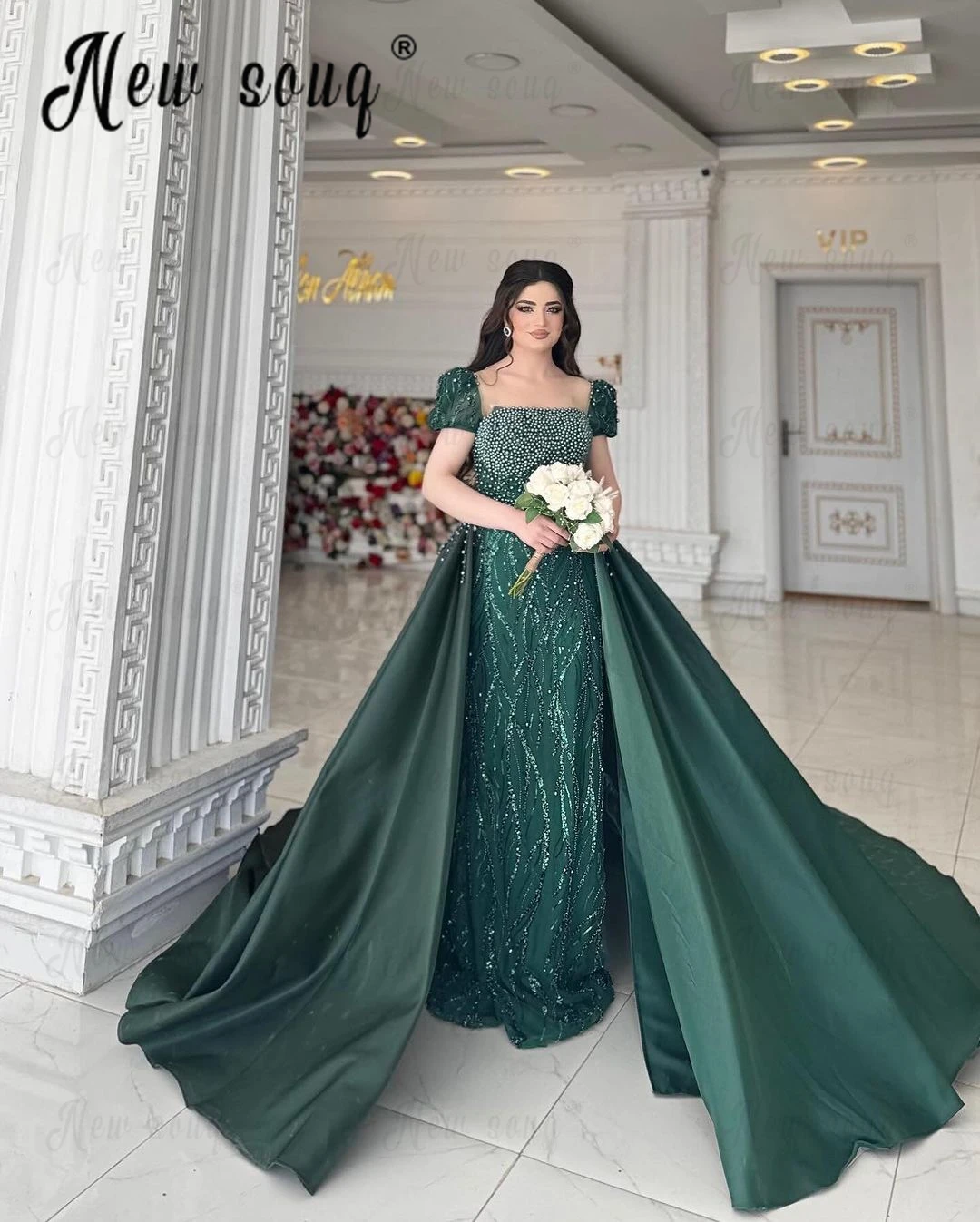 Vintage Emerald Green 2 Pieces Evening Dress With Overskirt Fashion Full Pearls Wedding Dinner Party Gowns Mermaid Formal Dress