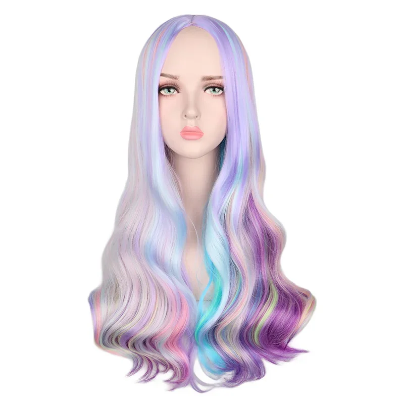 

QQXCAIW Rainbow Colorful Long Wavy Wig Cosplay Party Women Heat Resistant Synthetic Hair Wigs