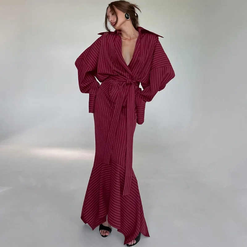 

Tuularose Red Striped Maxi Skirts Set Sexy Deep V Lace-up Patchwork Shirt Slit Dress Sets Vintage Party Club Womens Dress Sets