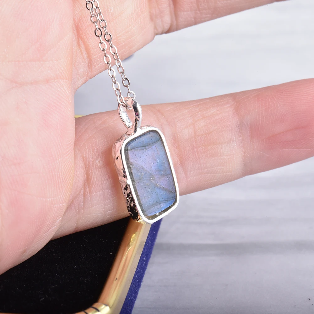 ITSMOS Natural Square Labradorite Pendant Necklace Amazonite Gemstone 925 Silver Necklace for Women Handmade Jewelry