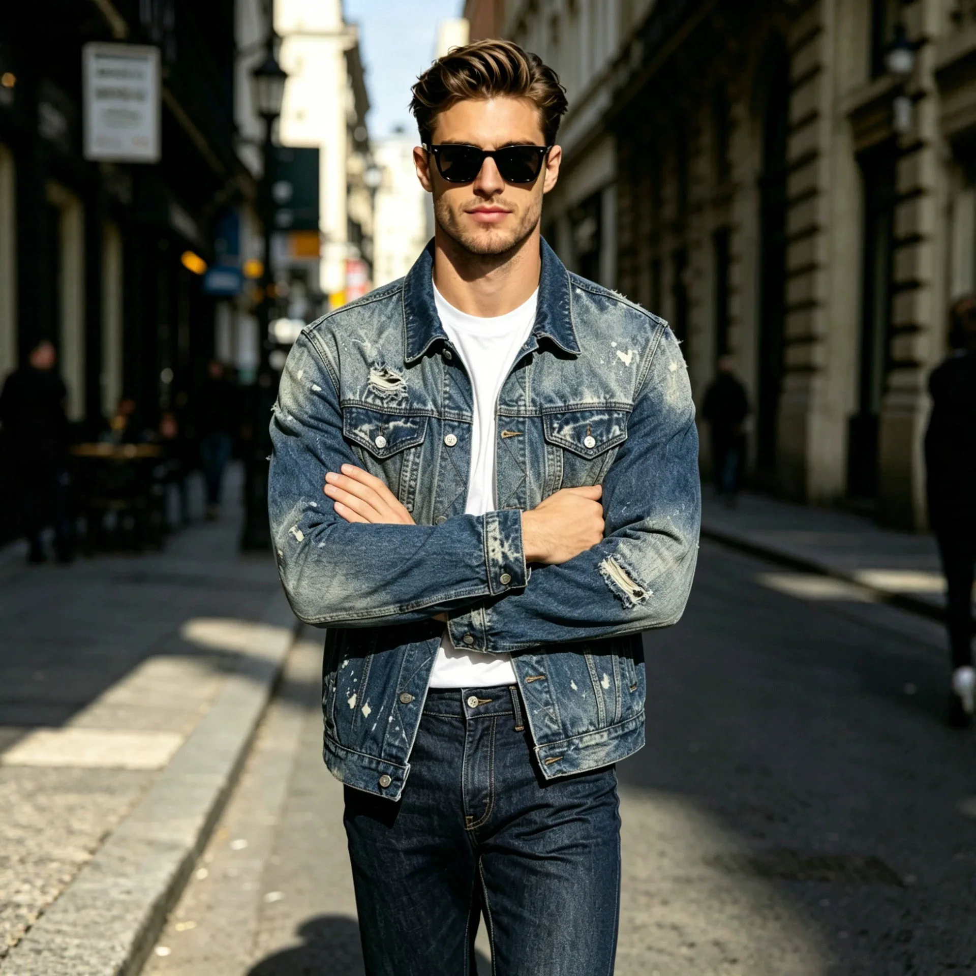 Men's denim jacket high-end sense ruffian handsome trend washing water hole slim jacket