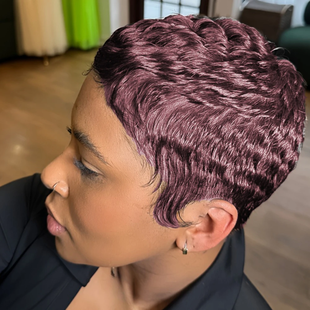 ピクシーカットカーリーウェーブ人毛ウィッグ 女性用 フルマシンメイドウィッグ デイリーウェア＆パーティー用 密度150% 4インチ