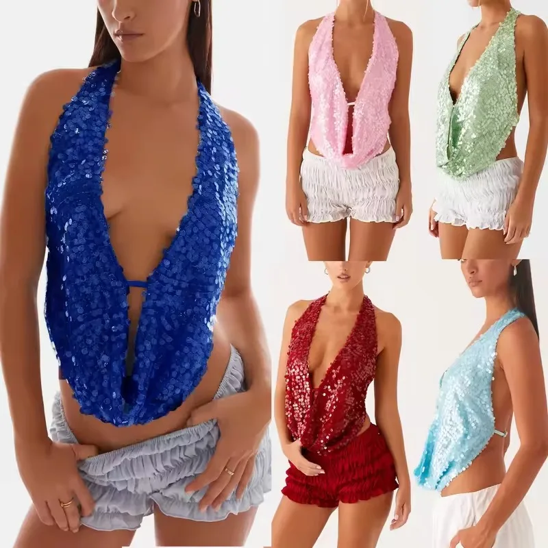 

Summer Sexy Sequins Women Top Tank Halter Deep V-Neck Backless Glitter Vest Ladies Beach Nightclub Party Y2K Tank Crop Tops