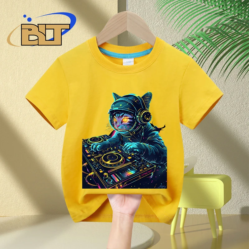 T-shirt de manga curta com estampa de gato dj para crianças, puro algodão, tops casuais, presentes para meninos e meninas