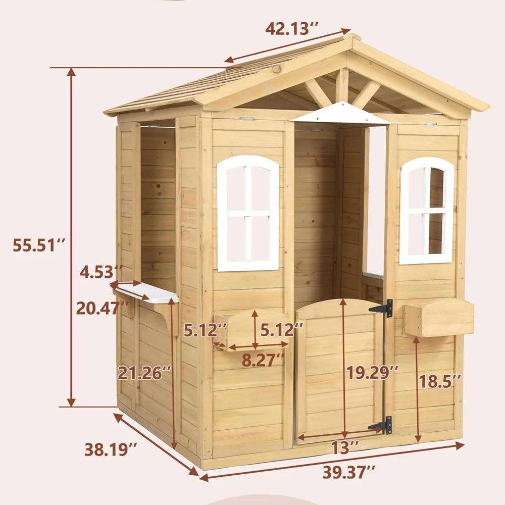 Playhouse for Kids Wooden Backyard Playhouse Fir Wood Pretend Game House with 2 Windows and Flowerpot Holder, 39