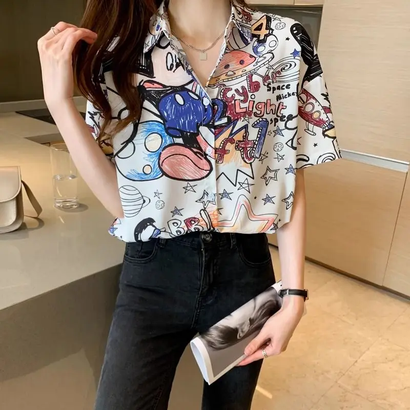 Women Summer Fashion Loose Printing Trend Polo-Neck Short Sleeve Shirts Women Clothes Casual All-match Appear Thin Thin Top Tee