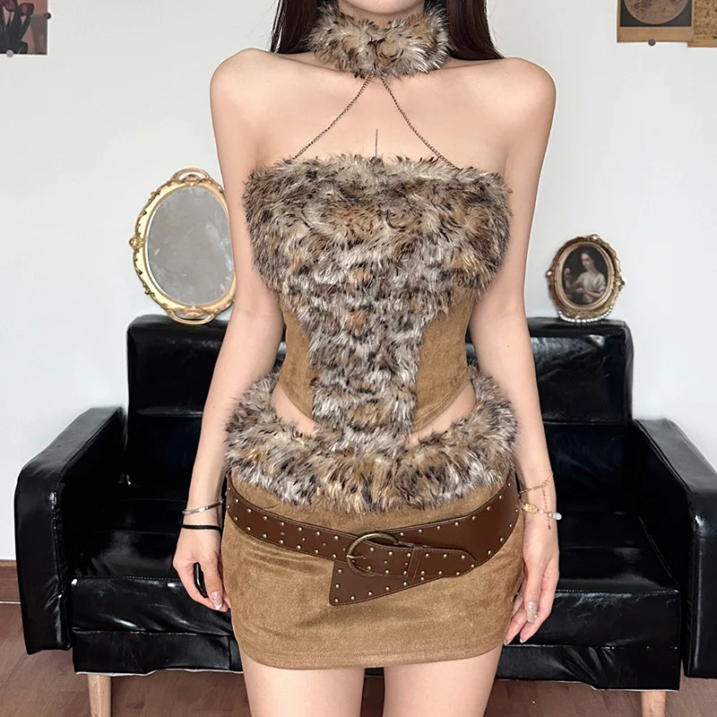 Leopard Furry Patchwork Suede 2 Piece Set Women Sexy Strapless Metal Chain Chocker Halter Backless Tanks Crop Top + Mini Skirts