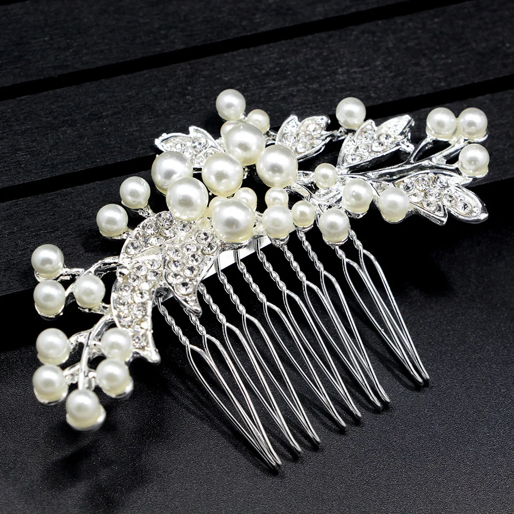 

Wedding Rhinestone Pearl Beaded Hair Comb Alloy Leaf Silver Bridal Headpiece Hair Accessories for Bride Bridesmaid Party Prom