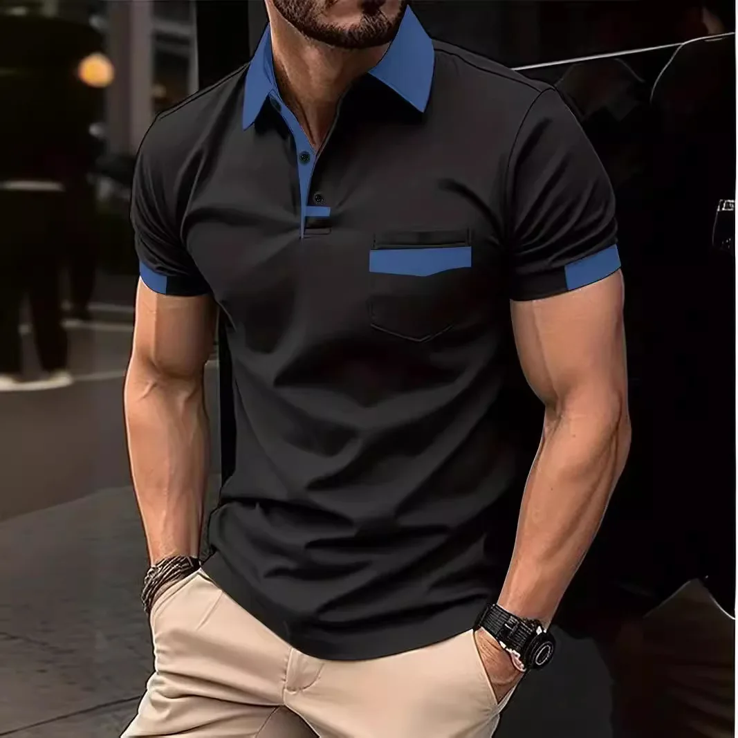Summer Men's Color Matching Pocket Polo Shirt Sports Polo Shirt