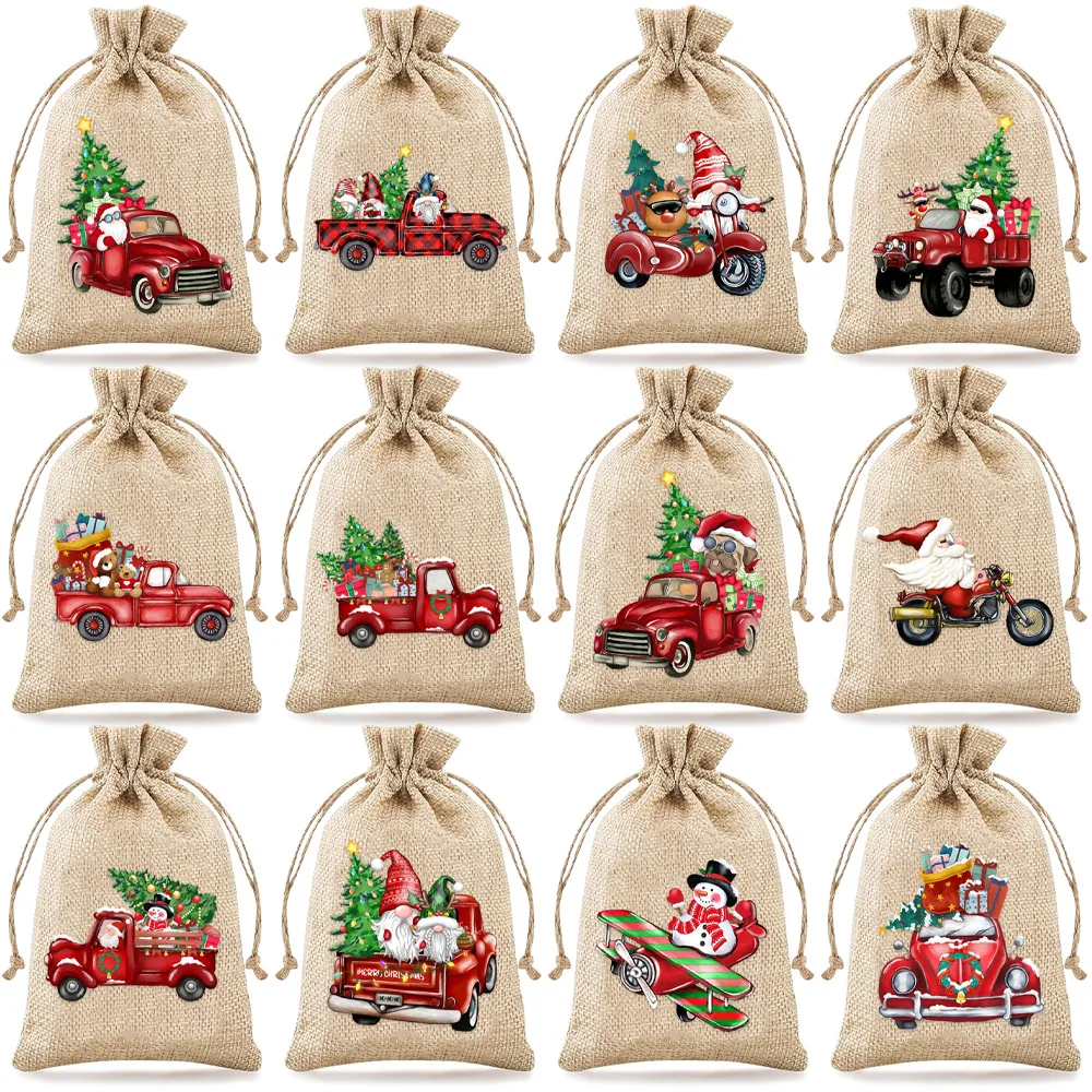 36pcs/lot 10*15, 13*18, 15*20cm Santa Claus Snowman Burlap Linen Drawstring Bags Christmas Party Candy Gift Packaging Pouches