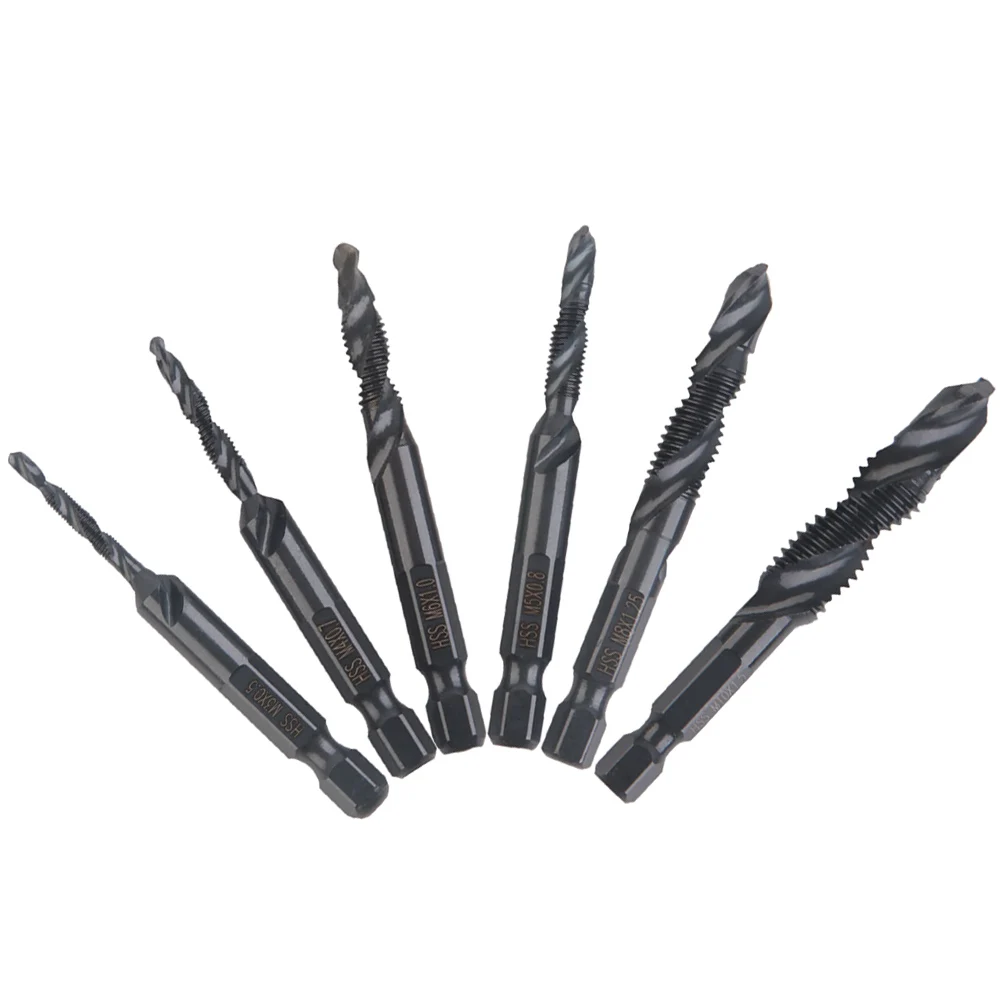 

6Pcs Tap Drill Bit Set Hex Shank Plated HSS Screw Thread Bit Screw Machine Compound Tap M3-M5 M6 M8 M10 Hand Tools