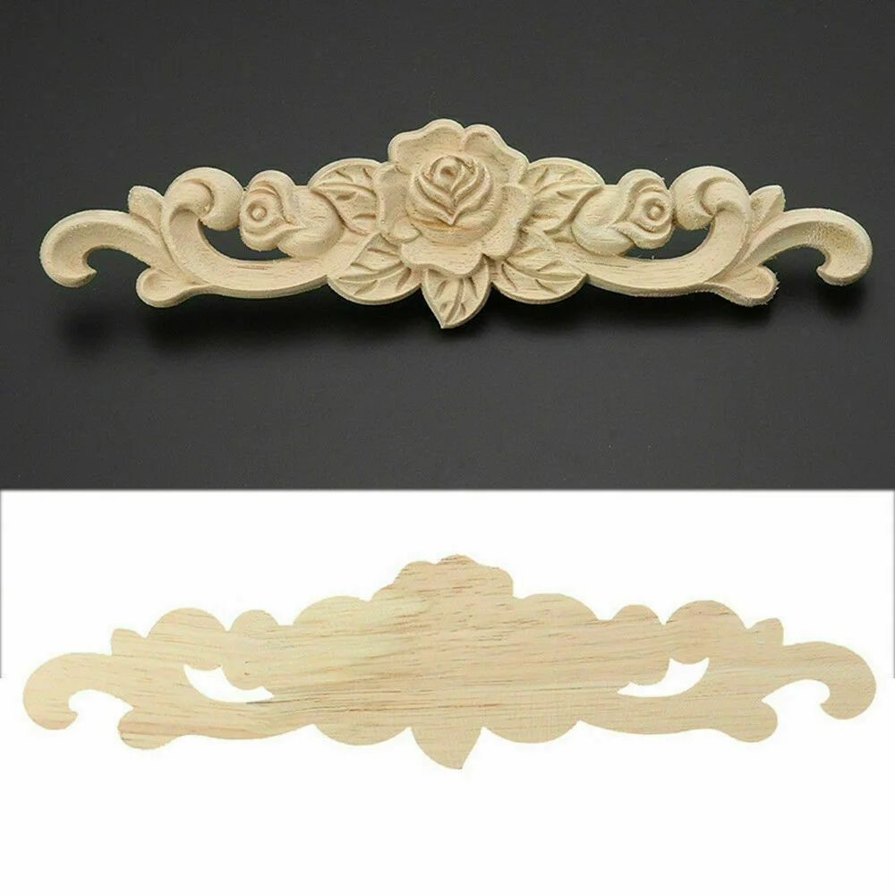 Natural Floral Wooden Carved Applique Wooden Figurines Crafts Corner Frame Appliques Frame Wall Door Furniture Woodcarving Decor