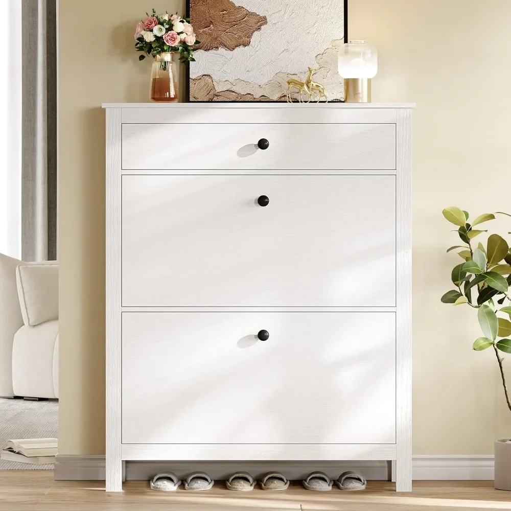 

Narrow Shoe Cabinet, w/ 2 Flip Drawer Slim White Shoes Storage Cabinets, w/ Drawer, Adjustable or Removable Hidden, Shoe Cabinet