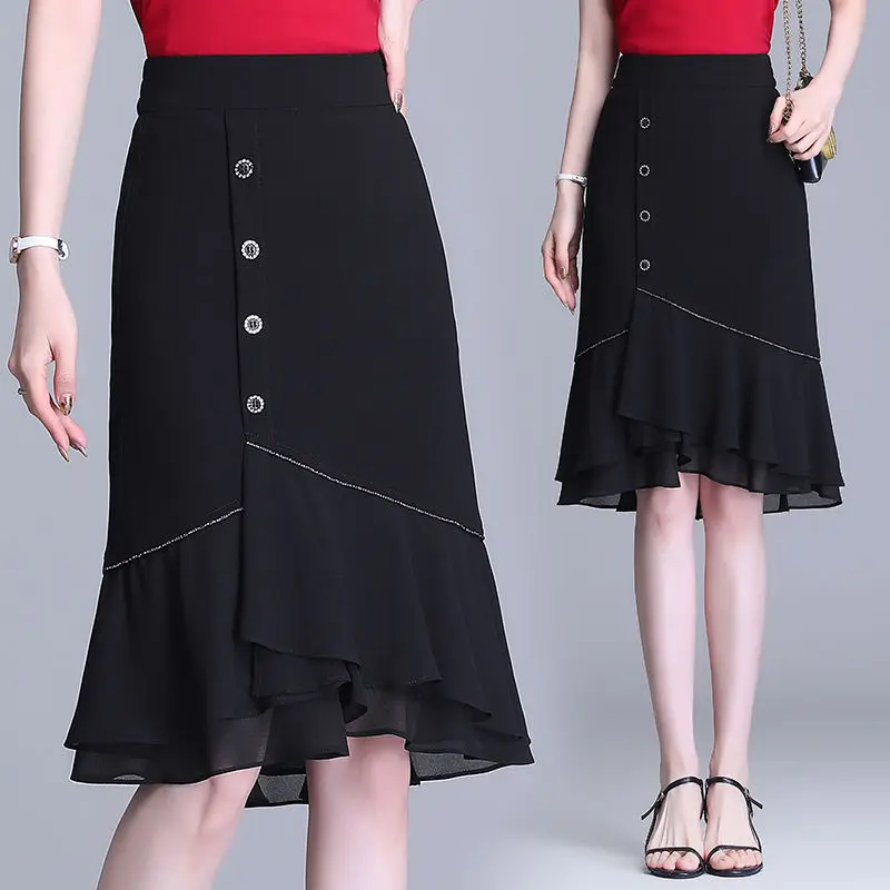 Modne długie spódnice Oversized Lotus Ruffle High Waist Black Midi Skirt Women Clothes Button Black Skirt