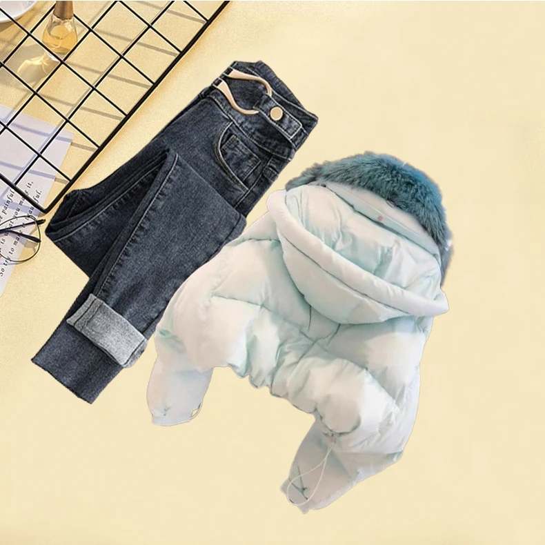 여성용 가을 겨울 데님 의상 테이니드 Fce 라인드 코튼 재킷과 캐주얼 팬츠 투피스 세트 퍼 칼라 포함