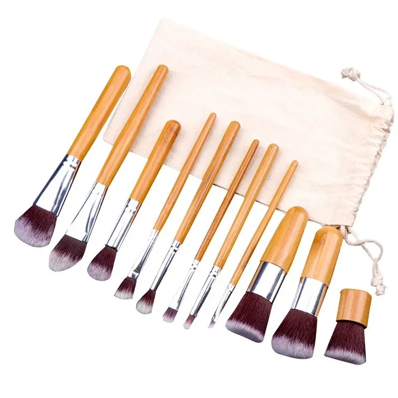 Conjunto de pincéis de maquiagem com cabo de bambu natural, 11 peças, base de alta qualidade, mistura de cosméticos, conjunto de ferramentas de maquiagem com bolsa de algodão