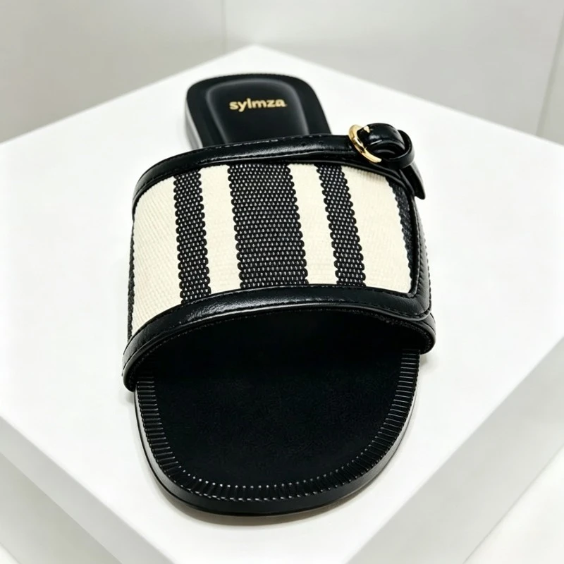 

Unique Printed Strap Flat Sandals Women Fashion Round Toe Metallic Buckle Details Slippers for Ladies Summer Casual Beach Shoes