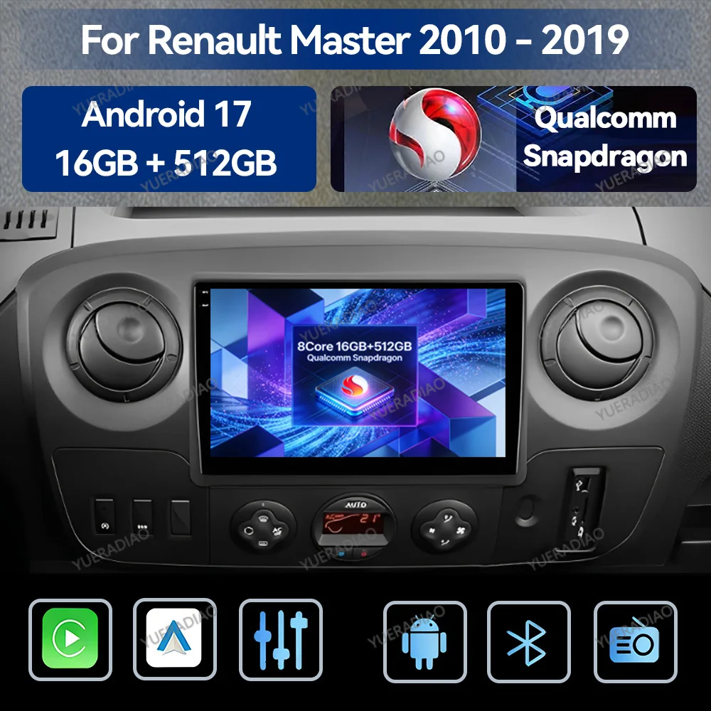 Rádio Automotivo Android 17 para Renault Master 2010 - 2019, Nissan NV400 2010 - 2020, Opel Movano 2 2010 - 2019 QLED GPS NAVI BT