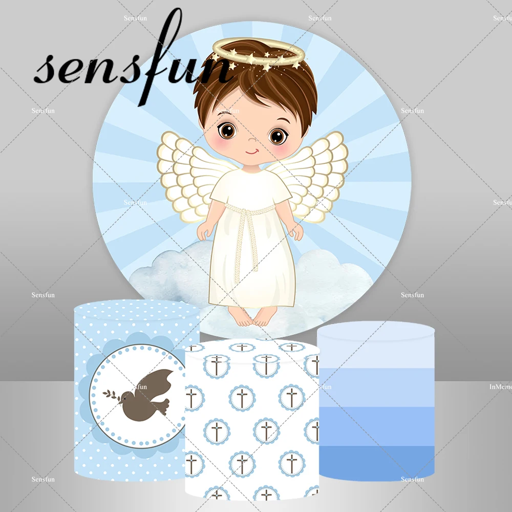 God Bless Cross Blue Boys Baptism Round Backdrop Cover Pigeon Angel Plinth Cover Mi Bautizo Chiara Wall Arch Backgrounds