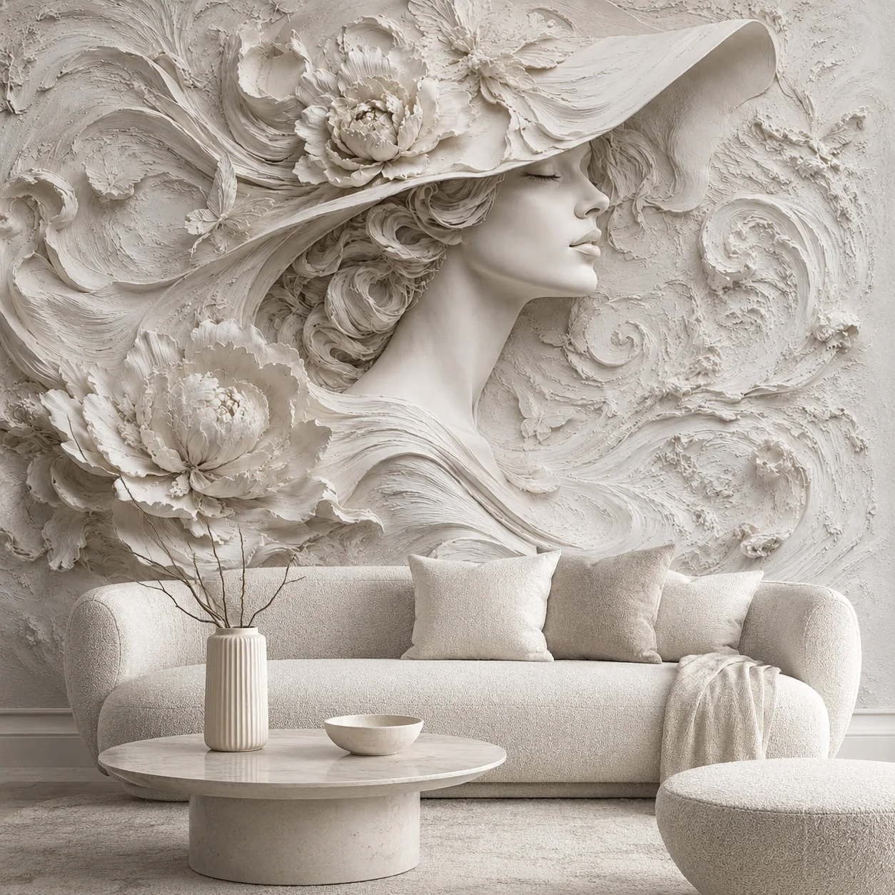 3D Floral Relief TV Background Wall Mural Wallpaper, Cream Style Waterproof Wallpaper, Wall Art Decoration, Requires Glue