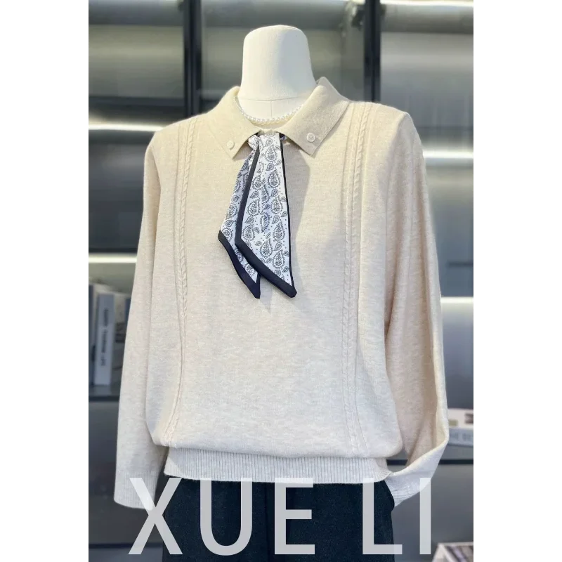 

Модные топы для женщин, пуловер с галстуком-бабочкой и лацканами, базовая рубашка, новый осенний свитер с длинными рукавами для женщин среднего возраста, пожилых женщин