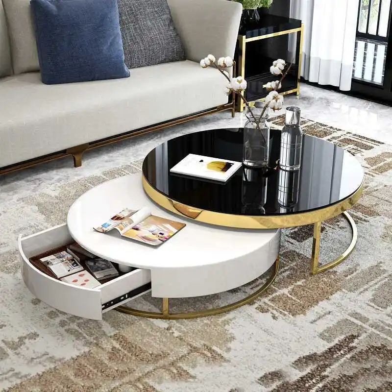 -For  Modern Design Black White Round Coffee Table Set Home Furniture Living Room Luxury Glass Top Nesting Center Coffee Table&