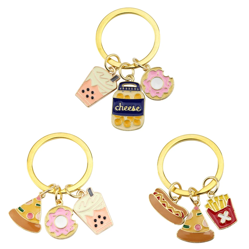 Cute Bubble Tea Cheese Donuts Keychain Enamel Kawaii School Bag Pendant For Girl Friend Cute Key Accessories Gifts ﻿