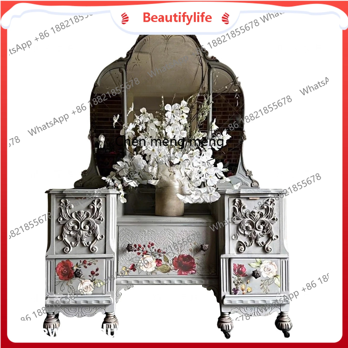 

French retro carved solid wood painted dresser small apartment household bedroom makeup table H