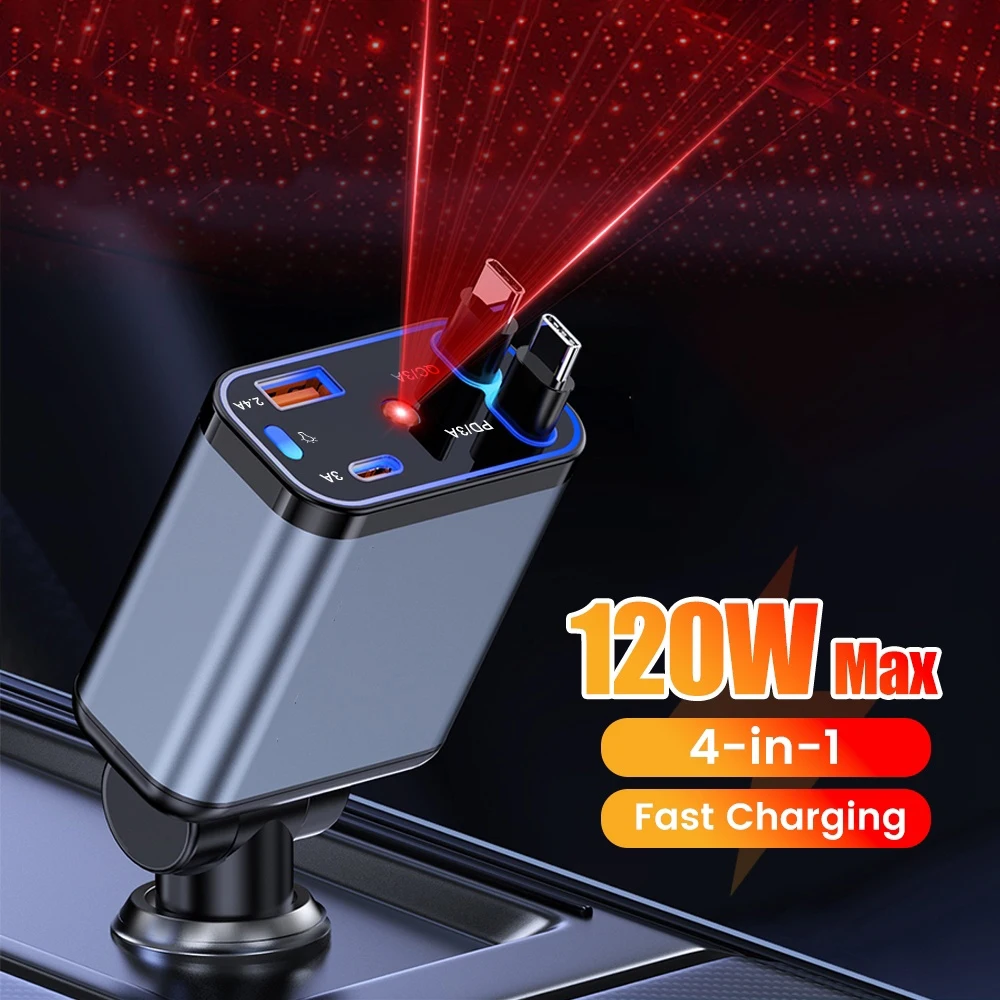 120W Einziehbares Auto-Ladegerät Schnellladegerät USB+PD30W Netzteil 4-in-1 Telefonladegerät mit Dach-Sternenhimmel für iOS Android Telefone