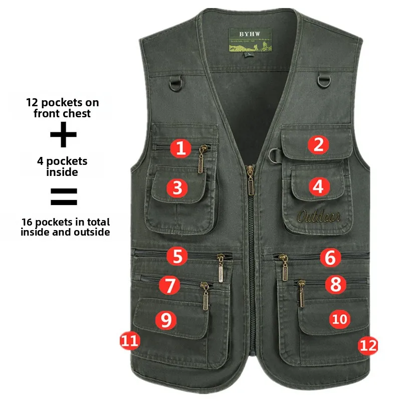 L-8XL Outdoor-Weste mit mehreren Taschen, Klettern, Wandern, Camping, Angeln, Bergsteigen, Reisen, Radfahren, Freizeit, Weste – Detail 11