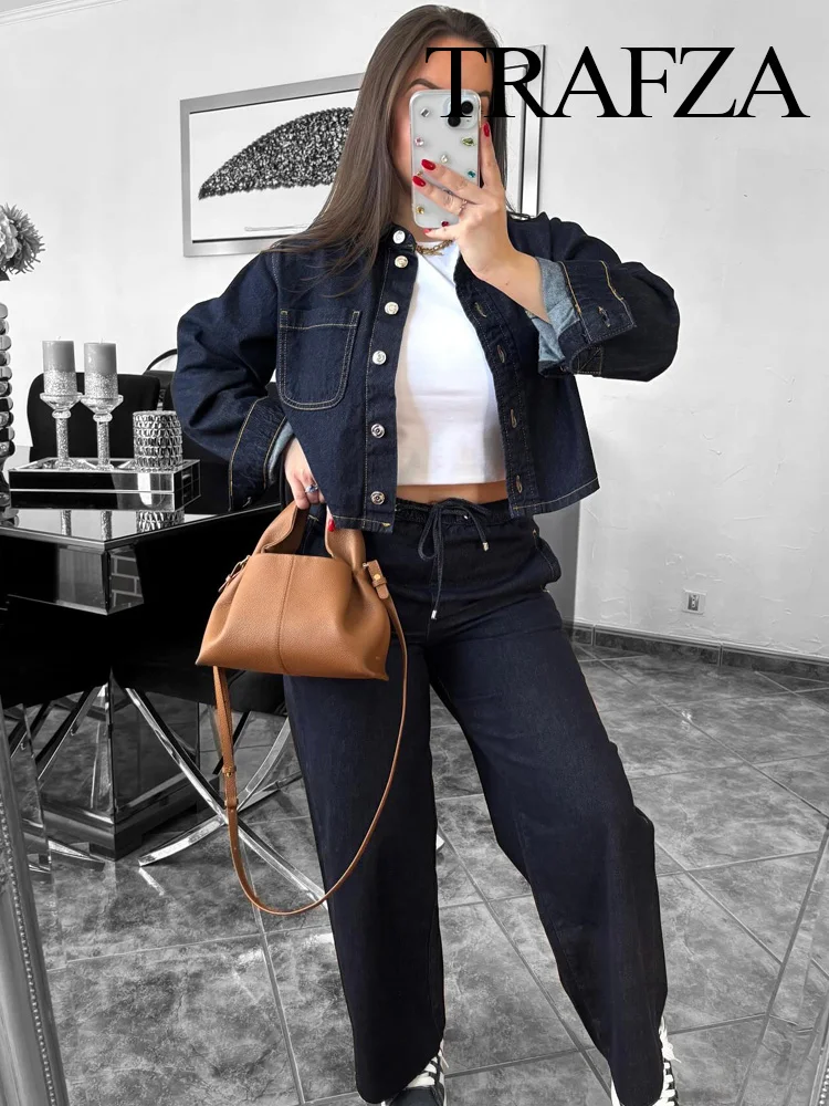 

TRAFZA Women Fashion Pants Suit Single-Breasted Lapel Long Sleeve Denim Coat+Drawstring Pockets Solid Straight Long Jeans