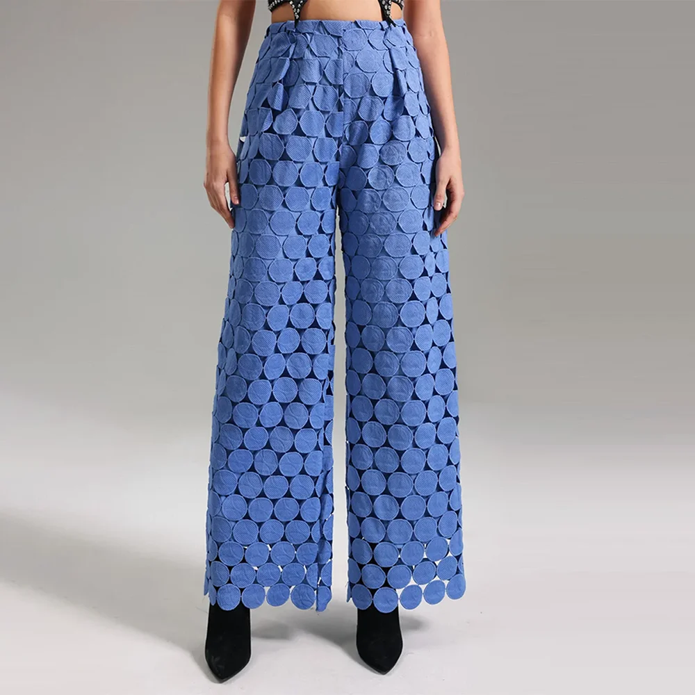 VGH Hollow Out Patchwork Tassel Solid Trousers For Women High Waist Embroidery Loose Wide Leg Pants Female Style New Autumn 2024