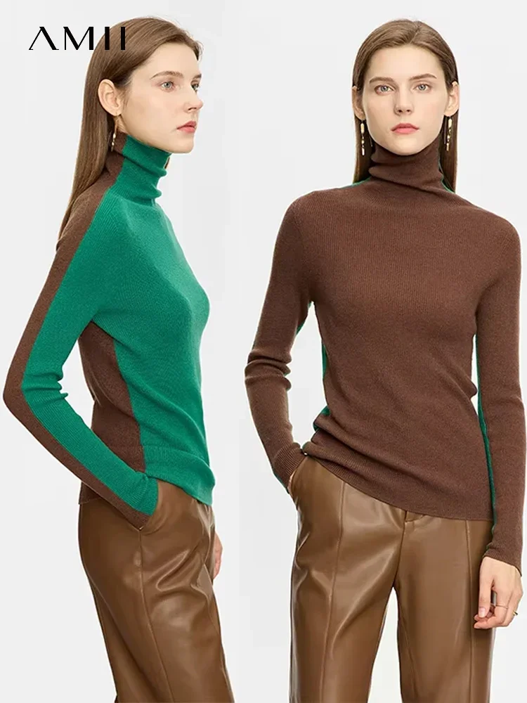 AMII Minimalist Turtleneck Sweater Women 2023 Color Contrast Autumn New Slim Top Knitted Base Female Spliced Pullovers 72343024