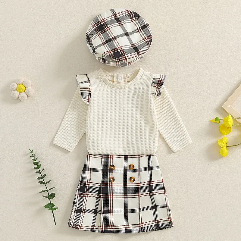 Lioraitiin Baby Girls Clothes Sets Ruffles Long Sleeve Ribbed Romper+Plaid Print A-Line Skirts Hats