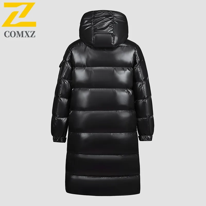 COMXZ 2025 Men Long Glossy Leather lightweight windbreaker  Winter New Youth Thickened Cold Proof Thermal outdoor Hooded Coat